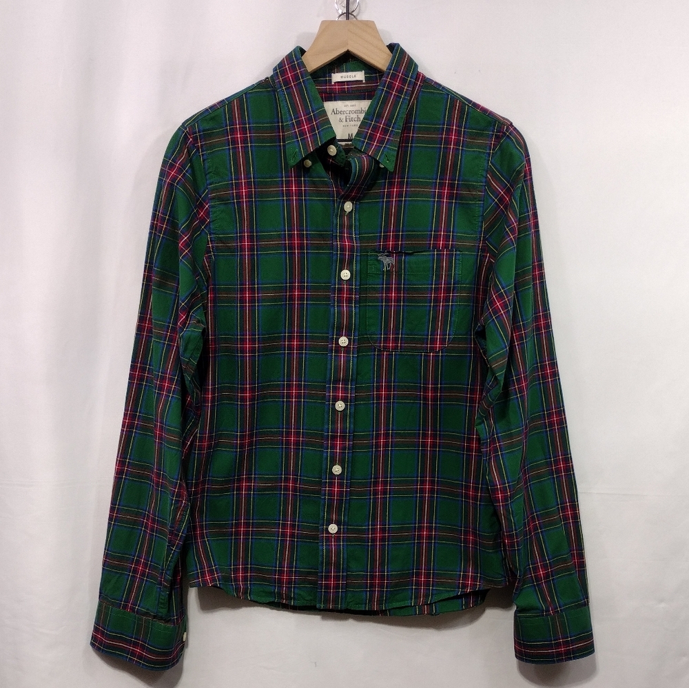 Abercrombie & Fitch Plaid Muscle Button Shirt Womens M Green Red Boho Holiday